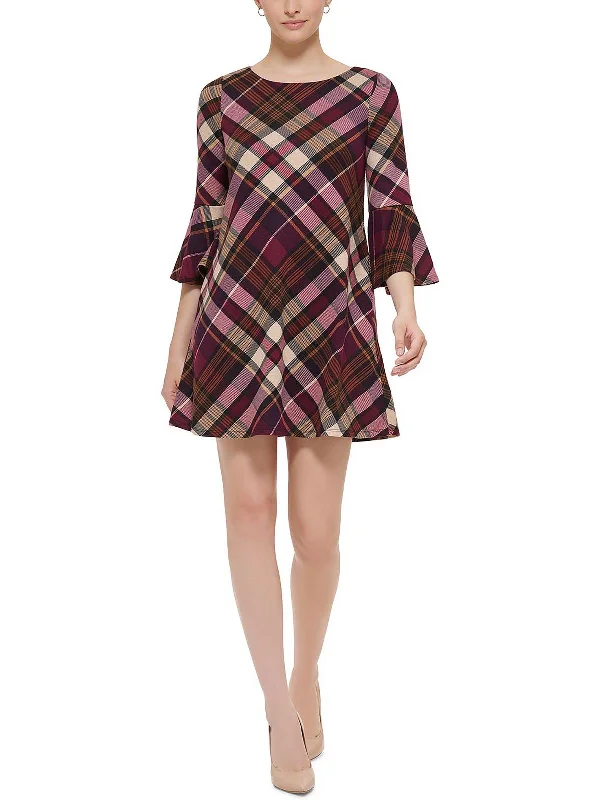 Women's Activewear Attire Petites Womens Plaid Bell Sleeves Shift Dress