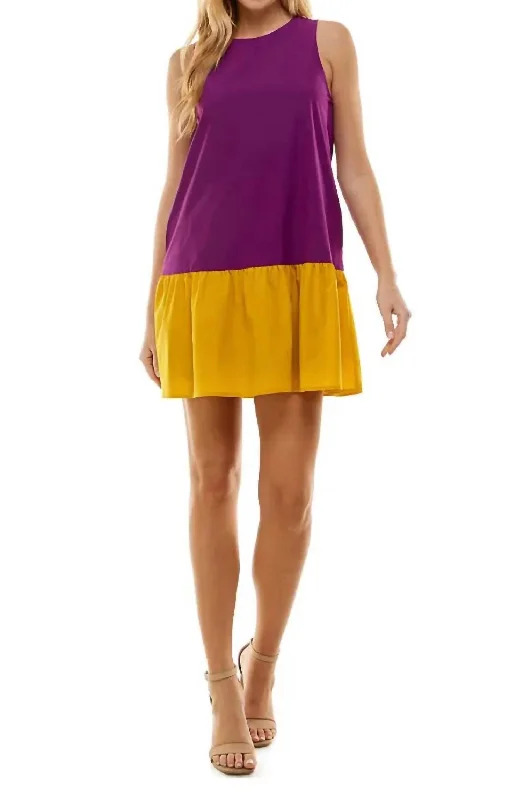 Comfortable Garments For Women Color Block Dress In Purple/yellow