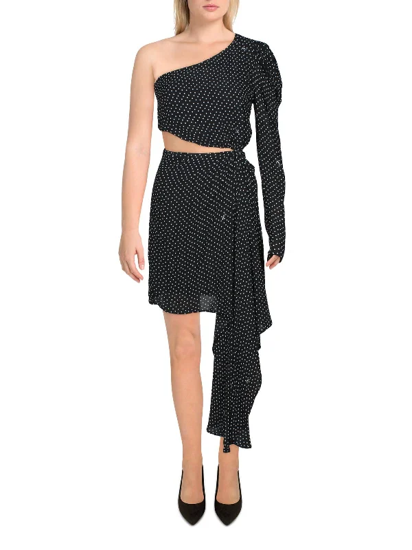 Women's Stylish Vacation Attire Womens Polka Dot One Shoulder Cocktail Dress