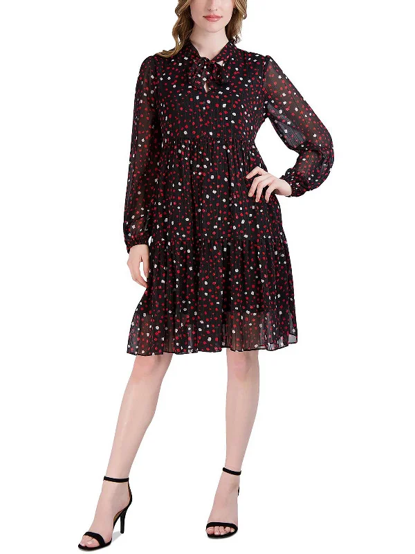 Women's Seasonal Attire Petites Womens Chiffon Polka Dot Fit & Flare Dress