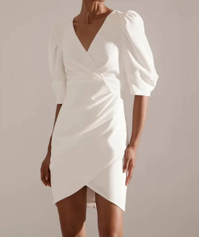 Women's Apparel Crepe Wrap Puff Sleeve Dress In Ivory