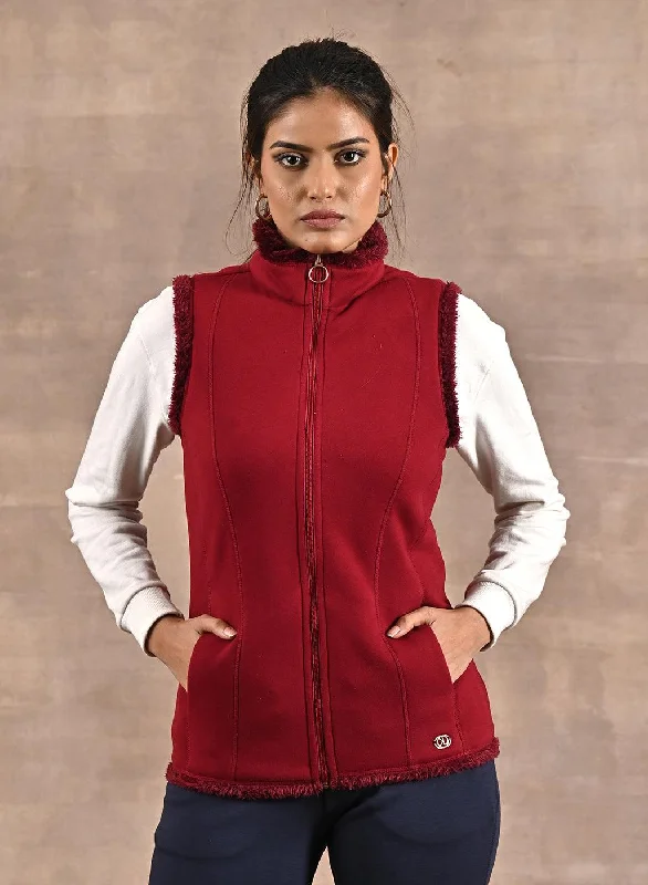 Trendy Street Style Red Zip-front Sleeveless Fur Jacket