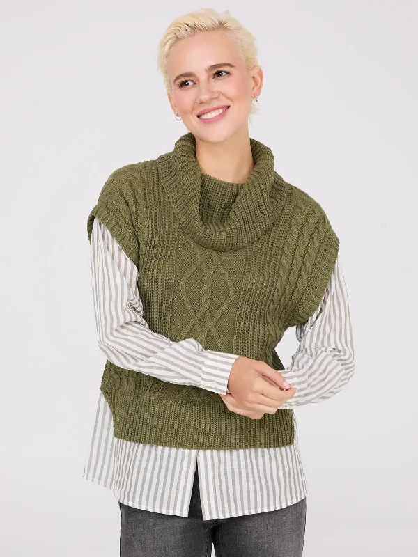 Women's Clothes And Garments 2-Fer Cable Knit Vest With Striped Blouse