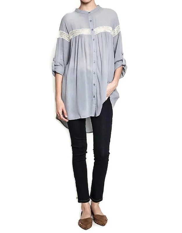 Women's Wedding Apparel Button Up Lace Trim Tunic In Grey