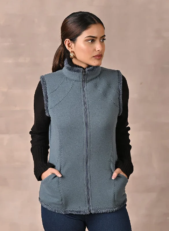 Athleisure Wear Teal Sleeveless Jacket with Fur Detail