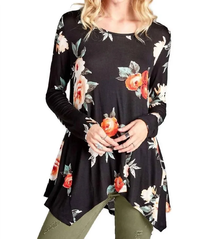 Women's Active Outfit For Fitness Lace Up Floral Swing Tunic In Black