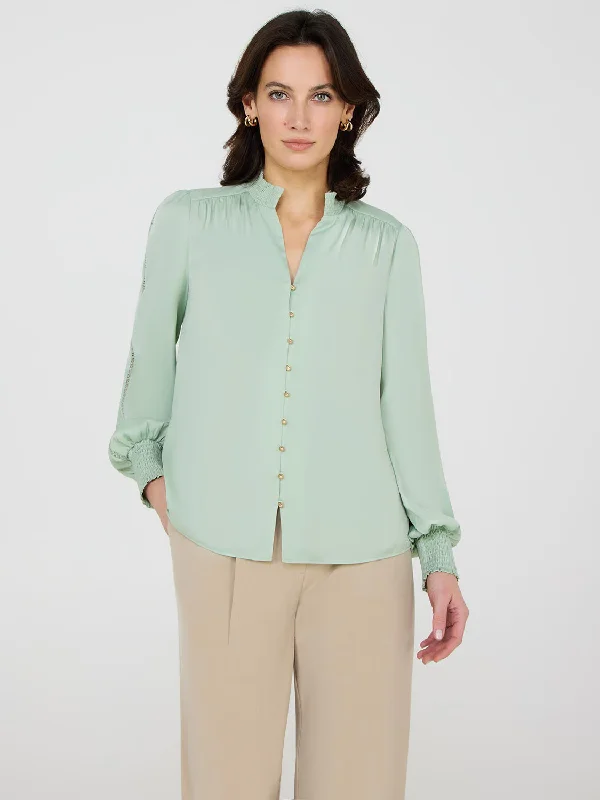 Women's Casual Garments Satin Button-Front Blouse With Crochet Details