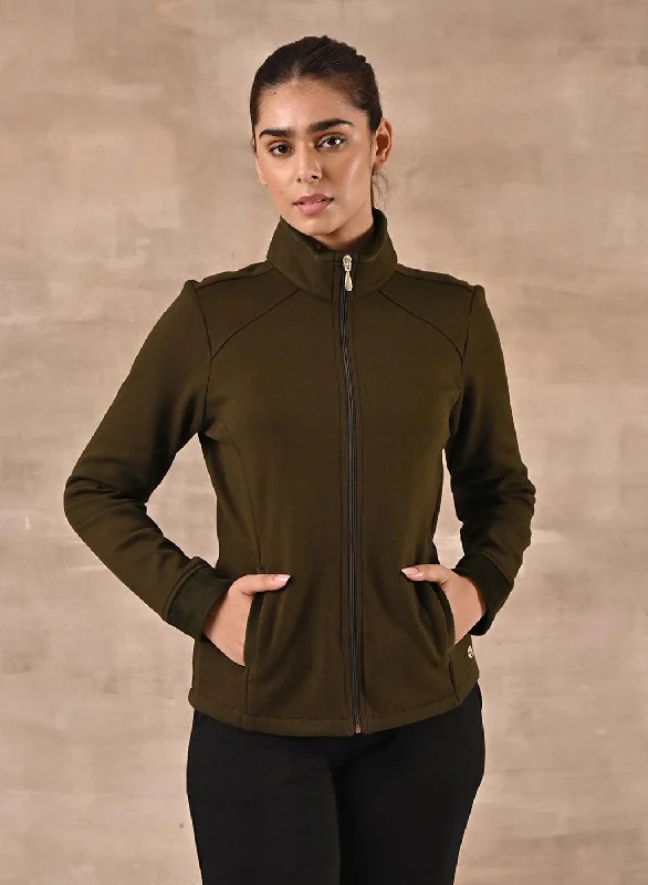 Elegant Fashion Olive Zip-front High-neck Regular Jacket with Pockets