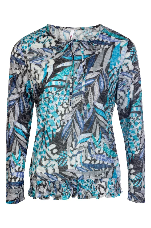 Sophisticated Style Shirred hem Placement print Top | Jade Indigo Leaves | 3993BR