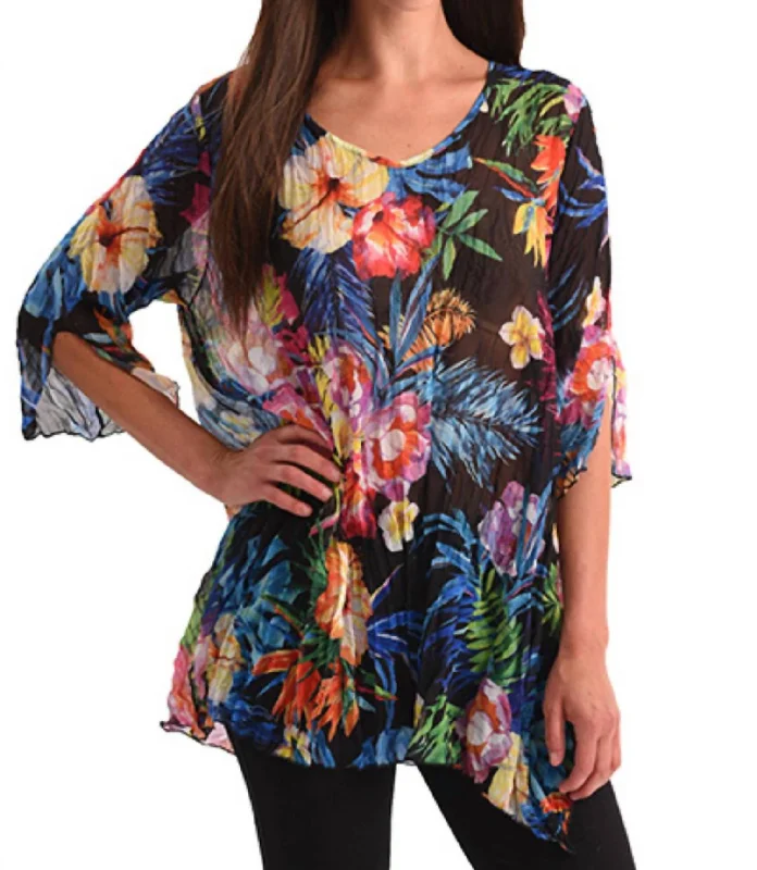 Women's Elegant Evening Outfit Tropical Paradise 3/4 Sleeve Tunic In Multi