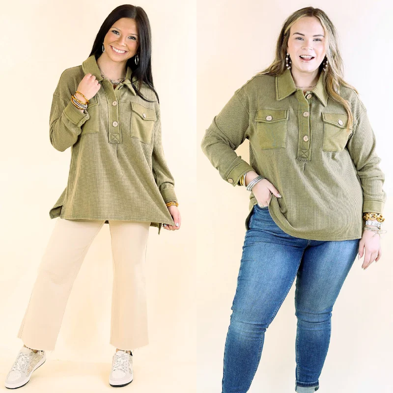 Best Online Clothing Boutiques Cozy Welcome Waffle Knit Collared Top with Long Sleeves in Olive Green