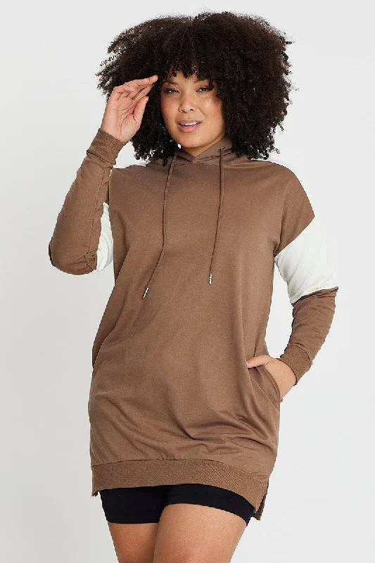 Casual Fashion Brown Fleece Hoodie Splice Long Sleeve