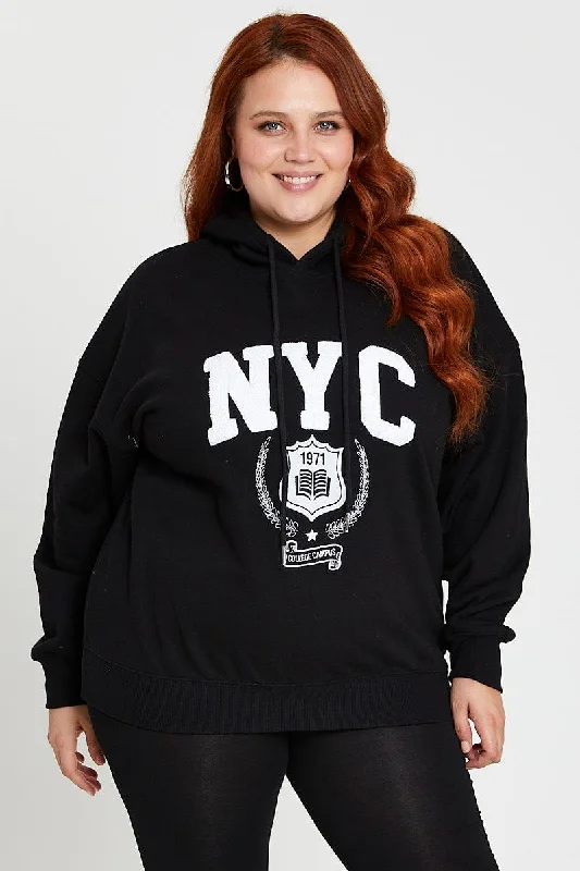 Clothes Woman Black Long Sleeve Hoodie New York Embroidery Sweat