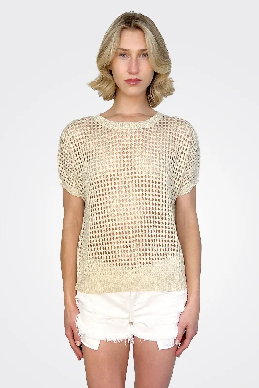 Women's Casual Outfit Knit Short Sleeve Top - Cream Gold