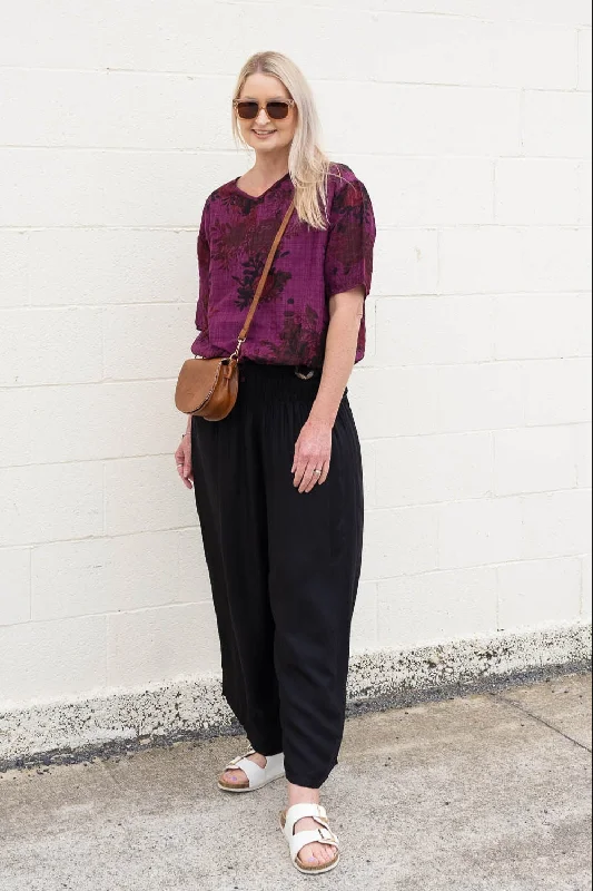 Women's Holiday Attire Short Sleeve Verity Tie Top- Burgundy Floral