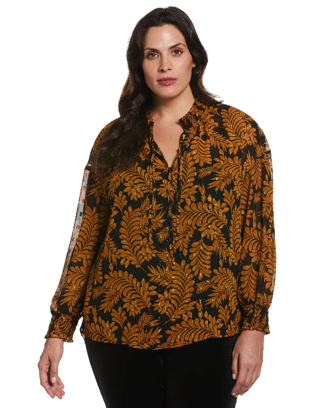 Women's Evening Wear Plus Size Metallic Leaves Print Blouse