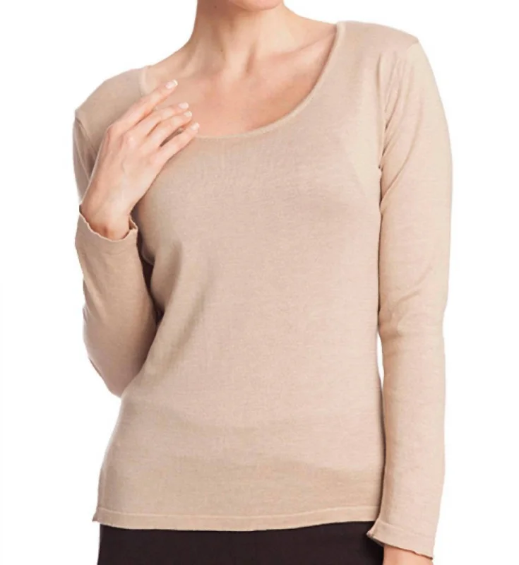 Season Sale Long Sleeve Scoop Neck Top In Champagne