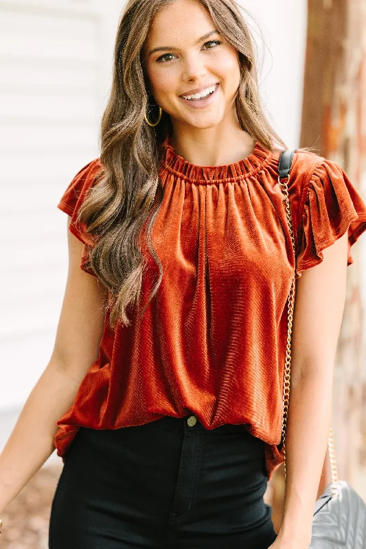 Women's Elegant Garments Looking That Way Brick Orange Velvet Blouse