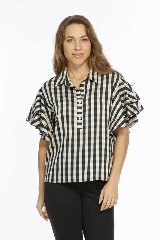 Women's Plus-Size Casual Outfit Ruffle Short Sleeve  Top Plaid Black Print | Harmony LIOR