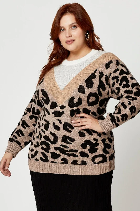 Women's Party Outfit Print Knit Top Round Neck Long Sleeve