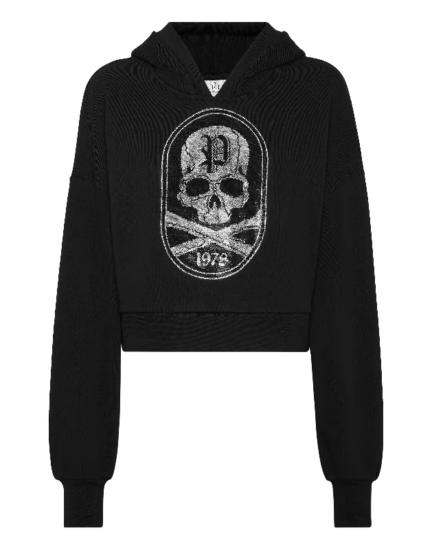 Women's Holiday Attire Cropped Hoodie Sweatshirt Strass Skull&Bones