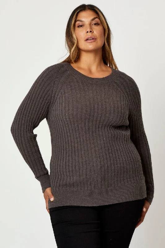 Women's Night-Out Outfit Grey Knit Top Round Neck Long Sleeve Rib Longline