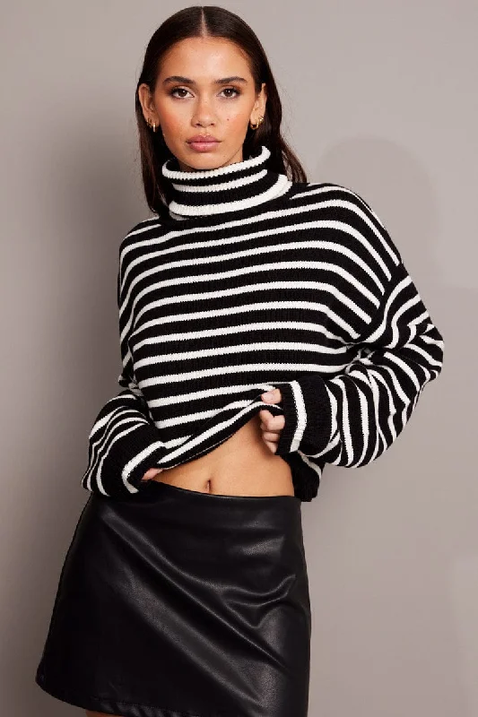 Women's Athletic Garments Black Stripe Knit Top Long Sleeve High Neck