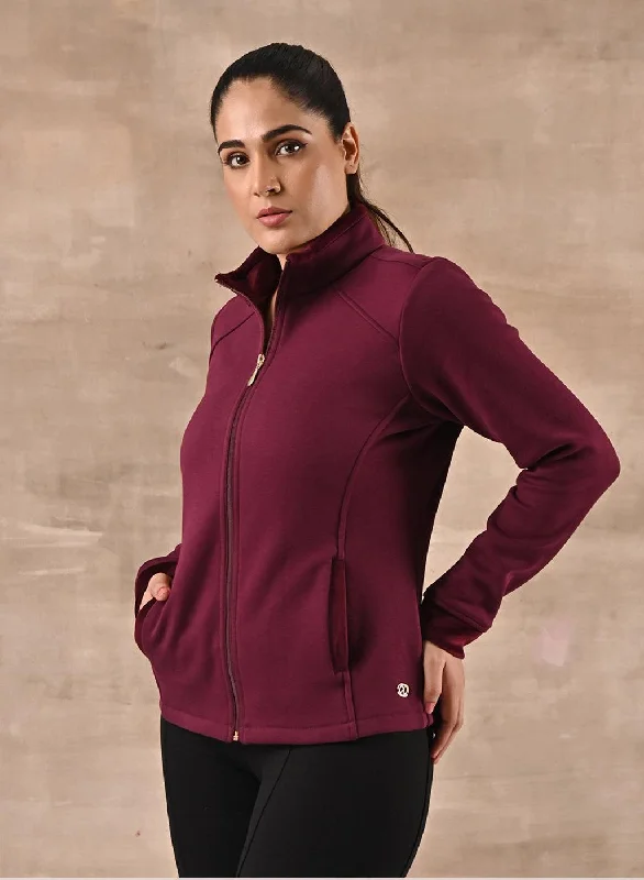 Chic Casual Style Maroon Zip-front High-neck Regular Jacket with Pockets