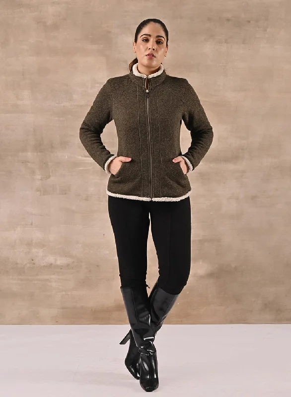 Sporty Streetwear Green Zip-front High-neck Fleece Jacket with Pockets