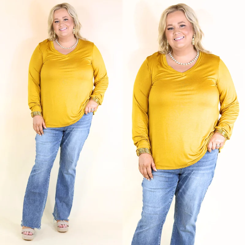 Clothing Brands It's That Simple Solid V Neck Long Sleeve Tee in Mustard Yellow