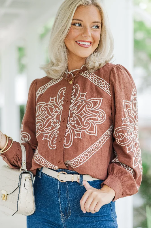 Women's Office Outfit Western Discovories Mocha Brown Embroidered Blouse