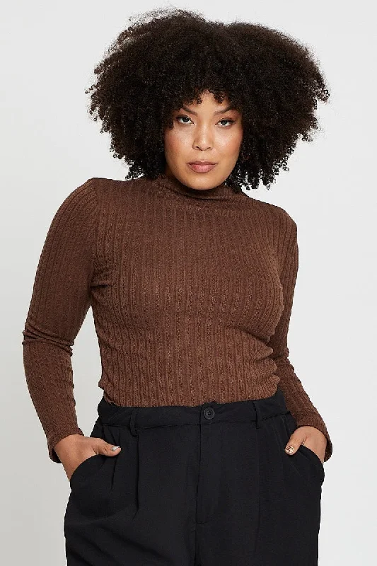 Laid-Back Elegance Brown Textured Jersey Black Funnel Neck Top