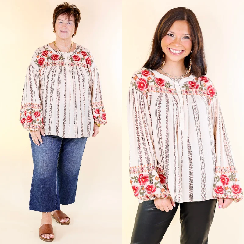 VIP Member Discount Savanna Jane | New Trails Long Sleeve Tribal Print Floral Embroidered Top in Cream