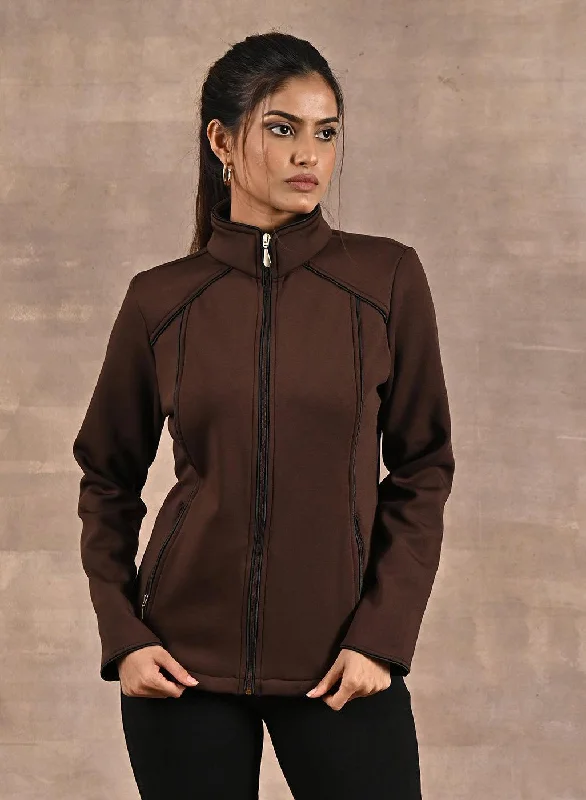 Everyday Wear Brown Fleece Jacket with Decorative Stitch on Front