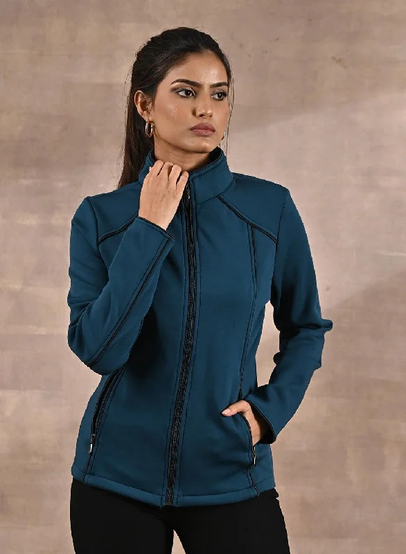 Trendy Women's Wear Teal Fleece Jacket with Decorative Stitch on Front