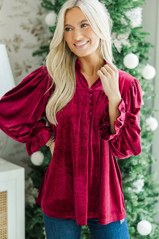 Women's Luxury Garments Look Into It Burgundy Red Velvet Blouse