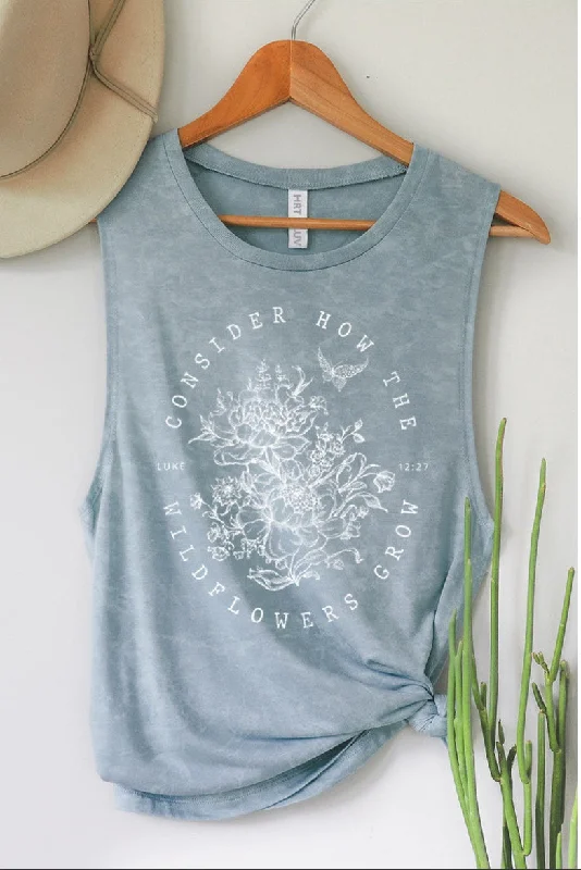 Women's Vacation Outfit Set Vintage Blue Consider How The Wildflowers Grow Tank