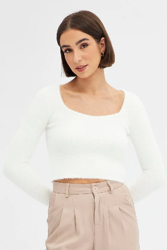 Women's Outerwear Attire White Knit Top Long Sleeve Square Neck