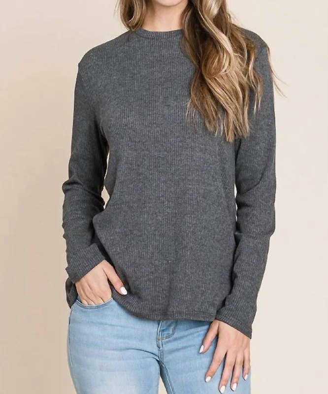 Trendy Outfits For Girls Relaxed Fit Crew Necklong Sleeve Top In Charcoal