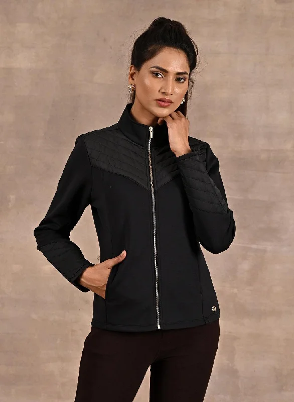 Chic And Comfortable Black Long Sleeve Jacket with Quilting at Front and Sleeves