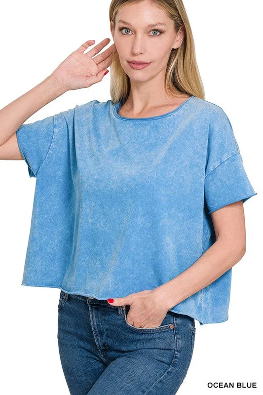 Trendy Boutiques Online Acid Wash Raw Edge Short Sleeve Crop Top