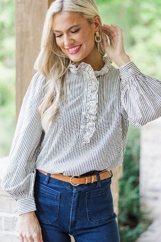 Women's Casual Attire Feeling Feminine Navy Blue Striped Blouse