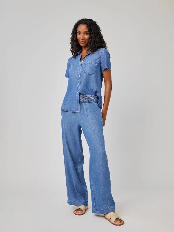 Casual Attire For Women Smocked Waist Wide Leg Pant - Moonlit Haze Wash