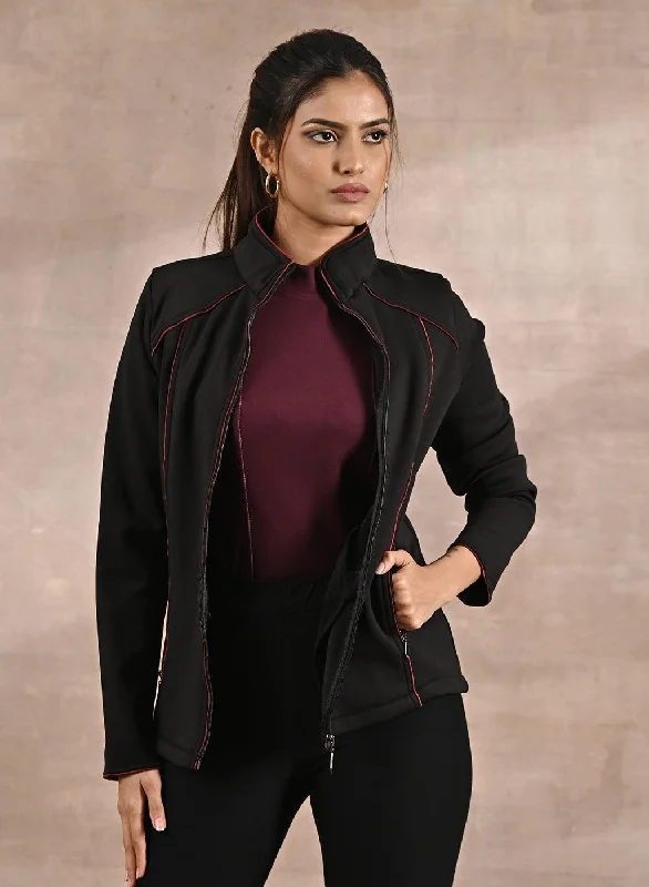 Vibrant Femme Fashion Black Fleece Jacket with Decorative Stitch on Front