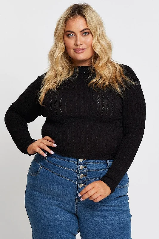 Chic Casual Style Black Textured Jersey Black Funnel Neck Top