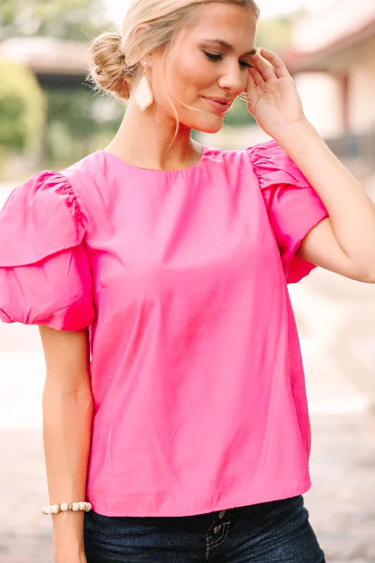 Casual Attire For Women Looking For You Fuchsia Pink Puff Sleeve Blouse