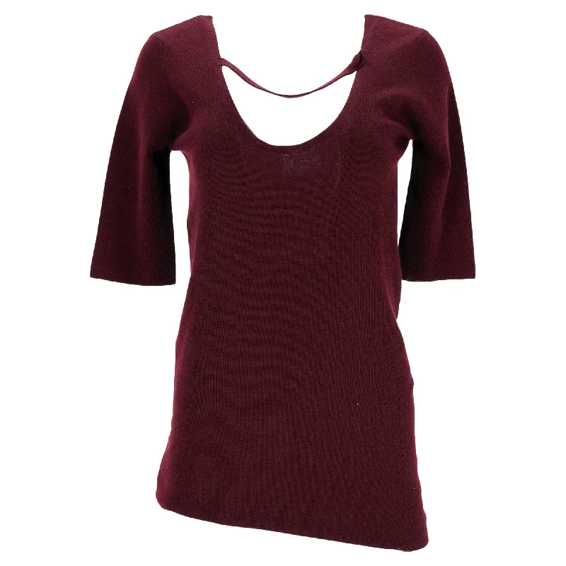 Fashion-forward Women's Clothing Prada Knitted Scoop Neck Short Sleeve Top in Burgundy Cashmere