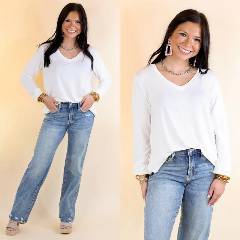 Clothing For Women It's That Simple Solid V Neck Long Sleeve Tee in Ivory