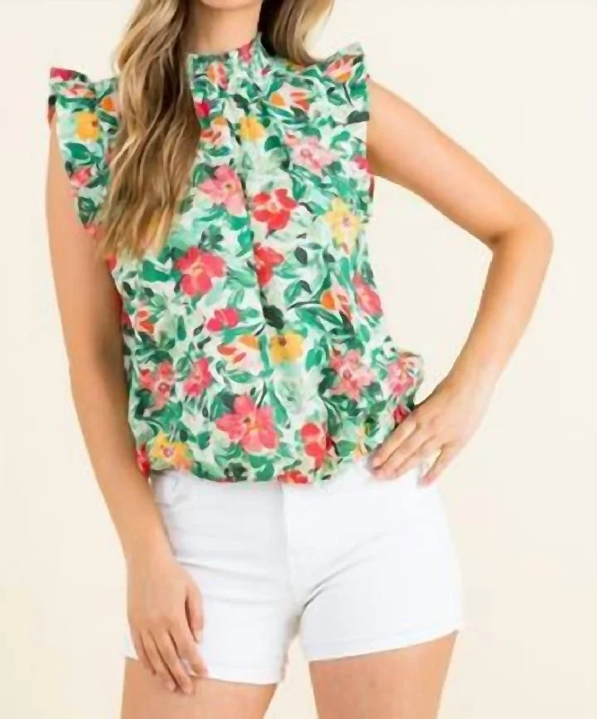 Colorful Clothing Smocked Neck Floral Print Top In Multi