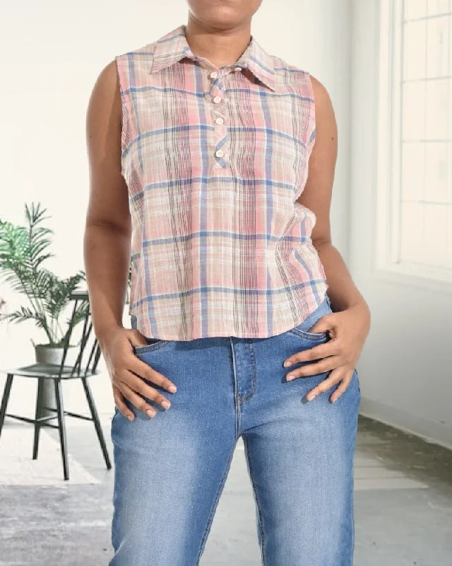 Earthy Tones Blue And Pink Plaid Print Top